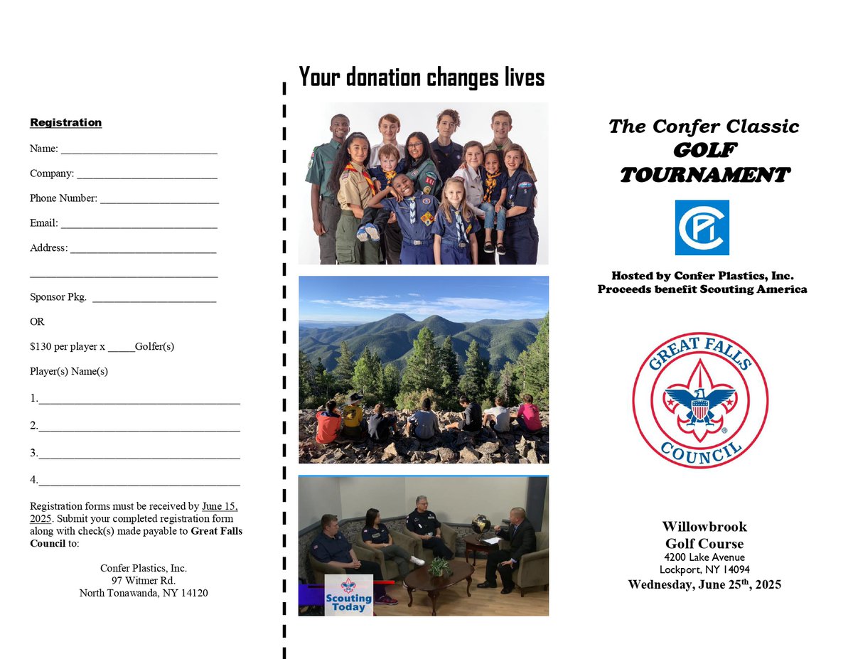 The Confer Classic Golf Tournament is just over a month away -- on June 25th, at Willowbrook Golf Course &amp; Restaurant. This year's event will, as always, support Scouting America. Here is the trifold and registration form: