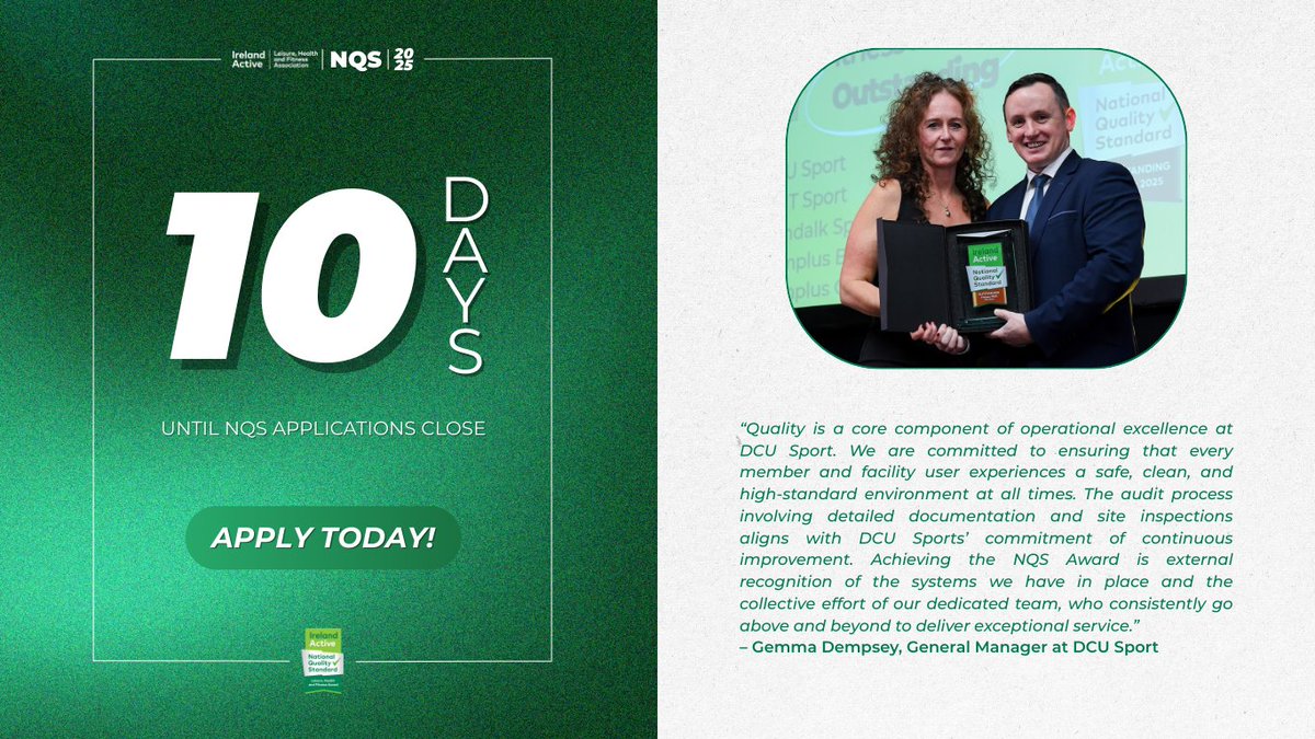 Ireland Active (@irelandactive) on Twitter photo ๐ถ๐๐๐ 10 ๐
๐๐๐ ๐๐ ๐๐!
โAchieving the NQS Award is external recognition of the systems we have in place and the collective effort of our dedicated team."
โ Gemma Dempsey, <a href="/DCUSport/">DCU Sport</a>
๐๏ธ Deadline: 30 May
๐ Apply Now: irelandactive.ie/wp-login.php
#NQSAwards ๐ถ๐๐๐ 10 ๐
๐๐๐ ๐๐ ๐๐!
โAchieving the NQS Award is external recognition of the systems we have in place and the collective effort of our dedicated team."
โ Gemma Dempsey, <a href="/DCUSport/">DCU Sport</a>
๐๏ธ Deadline: 30 May
๐ Apply Now: irelandactive.ie/wp-login.php
#NQSAwards