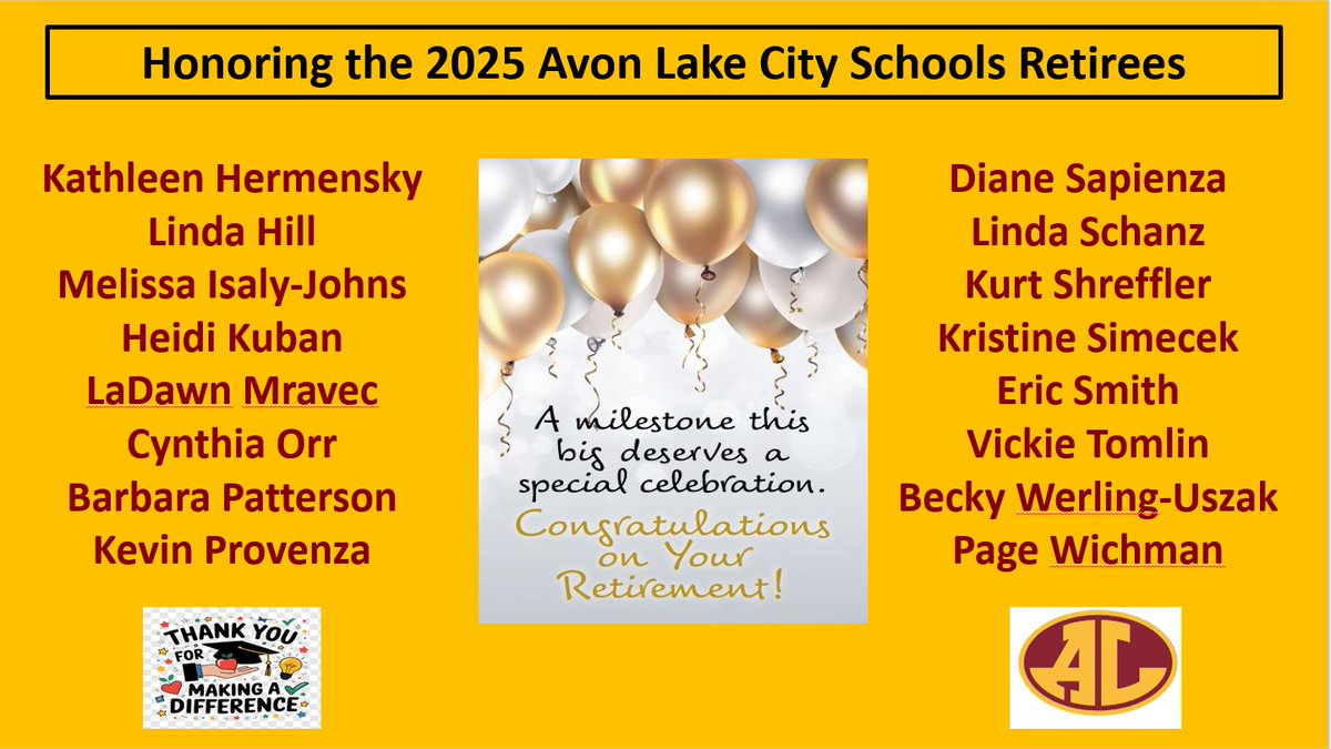 Avon Lake Schools Assistant Superintendent (@alcurriculum) on Twitter photo Before last night's <a href="/AvonLakeSchools/">Avon Lake Schools</a> Board of Education meeting, we recognized the 16 individuals retiring from the district this year. Thank you to all of our retirees, and congratulations! Before last night's <a href="/AvonLakeSchools/">Avon Lake Schools</a> Board of Education meeting, we recognized the 16 individuals retiring from the district this year. Thank you to all of our retirees, and congratulations!