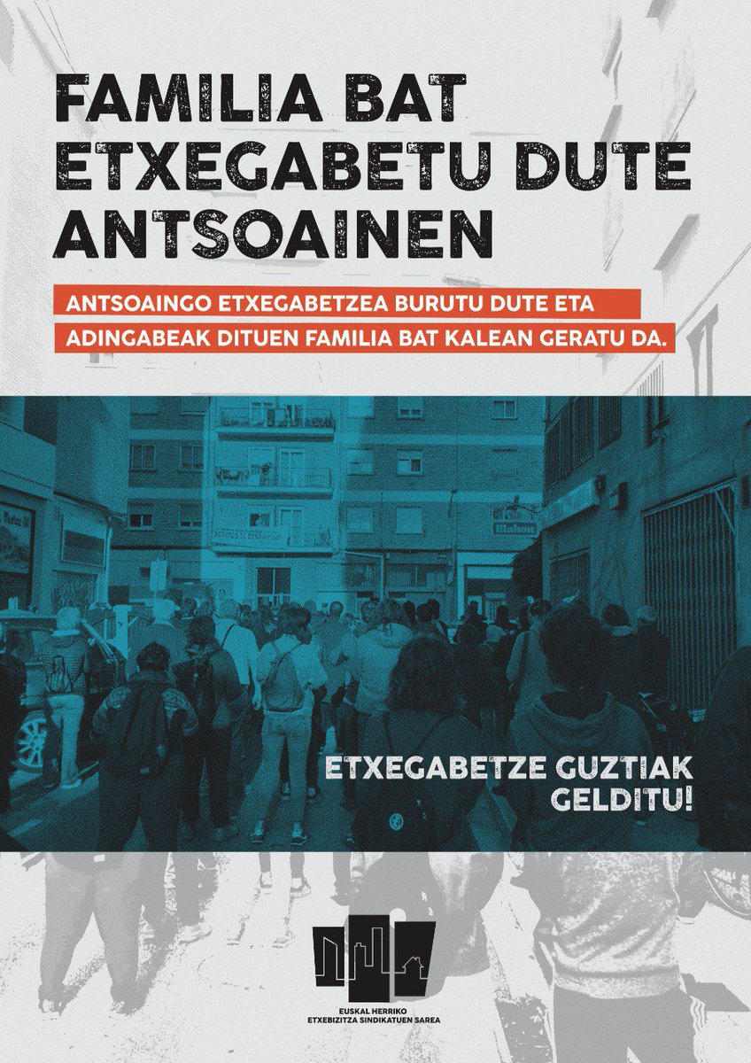 Euskal Herriko Etxebizitza Sindikatuen Sarea (@ehessarea) on Twitter photo π΄ Familia bat etxegabetu dute Antsoainen
Gaur arratsaldean mobilizazioa deitu dut <a href="/haritu_sarea/">hARITU Elkarlaguntza Sarea / Red de Apoyo Mutuo</a>|k, etxegabetzea salatzeko eta familiarentzako alternatiba exigitzeko.
π£οΈ 18:00ean Lapurbide plazatik (IruΓ±ea)
Etxegabetze guztiak gelditu! Etxebizitzaren negozioa eten! π΄ Familia bat etxegabetu dute Antsoainen
Gaur arratsaldean mobilizazioa deitu dut <a href="/haritu_sarea/">hARITU Elkarlaguntza Sarea / Red de Apoyo Mutuo</a>|k, etxegabetzea salatzeko eta familiarentzako alternatiba exigitzeko.
π£οΈ 18:00ean Lapurbide plazatik (IruΓ±ea)
Etxegabetze guztiak gelditu! Etxebizitzaren negozioa eten!