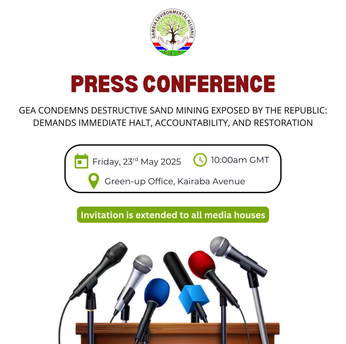 AllianceGambia's tweet image. 🚨 PRESS CONFERENCE 🚨
GEA will address the illegal sand mining scandal exposed by @RepublicGambia this Fri, May 23 at 10AM, Green-Up Office, Kairaba Ave.

We demand accountability, justice &amp;amp; restoration.
Media houses invited. 📞 +220 3719001

#GEA #StopIllegalMining #Gambia