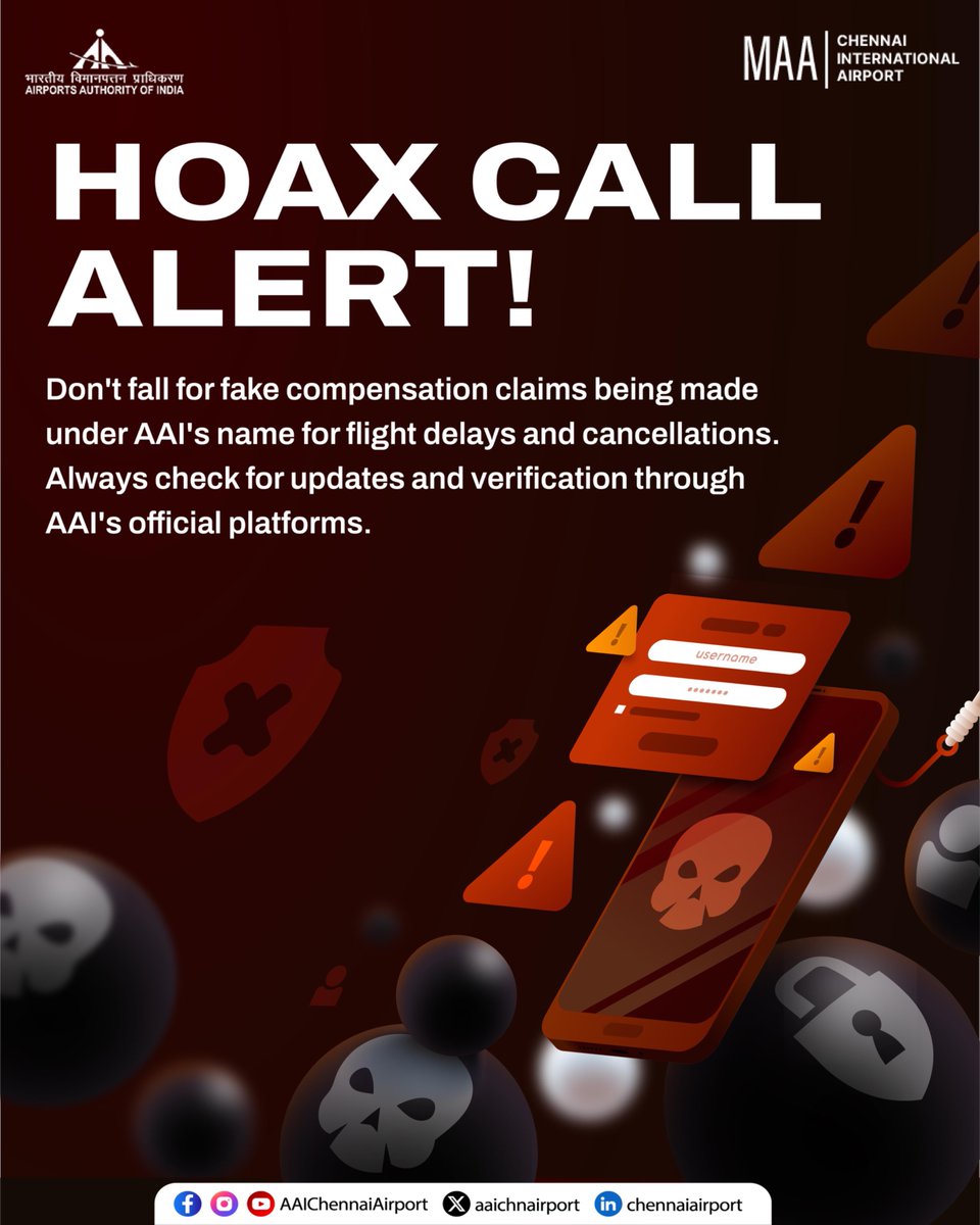 Be cautious of calls promising compensation for flight delays or cancellations, falsely using AAI’s name. AAI does not make or authorise such calls. Always verify through official channels to avoid scams and protect your personal information.

<a href="/MoCA_GoI/">MoCA_GoI</a> | <a href="/AAI_Official/">Airports Authority of India</a>