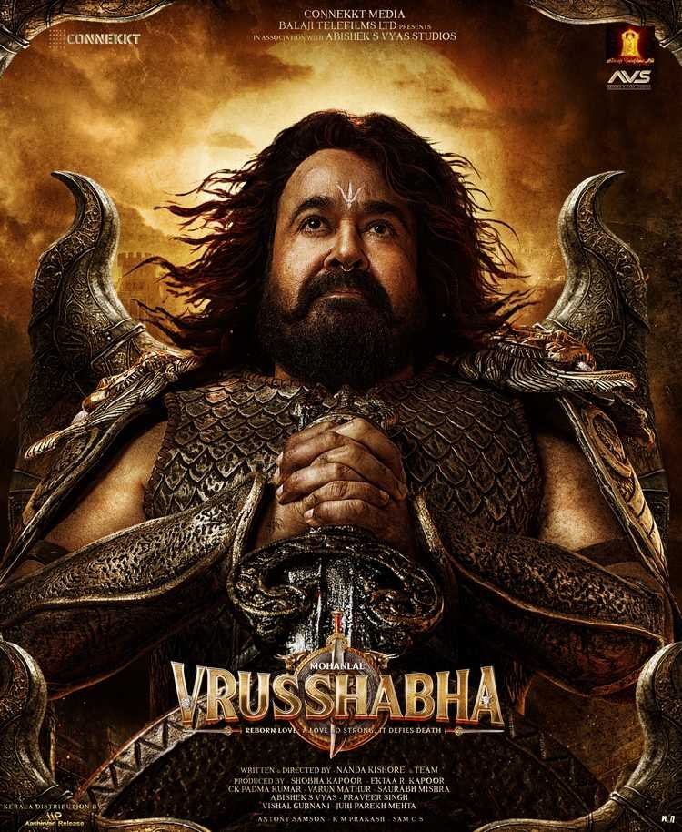 123telugu's tweet photo. First Look Poster : #Vrusshabha (#Mohanlal)

https://t.co/YSgr4dq8zz

@Connekktmedia @balajimotionpic @FilmDirector_NK #ShobhaKapoor @EktaaRKapoor #CKPadmaKumar #VarunMathur @imsaurabhmishra #AbhishekVyas #AVSStudios #PraveerSingh #AashirvadCinemas #HappyBirthdayMohanlal #123telugu