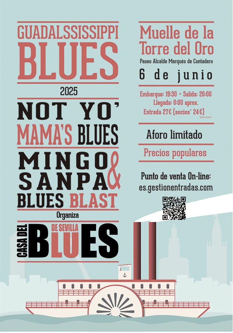 ¡No te pierdas el próximo Guadalssissippi Blues! 🛥️ 🎸 

Entradas a la venta en es.gestionentradas.com/portfolio/laca… - Web: casadelbluesdesevilla.com/noticias/conci… - Face: facebook.com/events/1214862… #guadalssissippi #blues #concierto