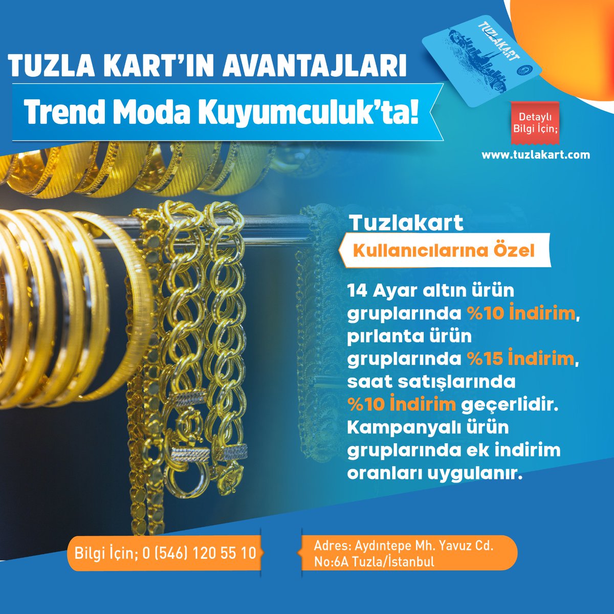 TuzlaKart's tweet photo. Cebinizdeki Avantaj Tuzla Kart Güzelliğe Yakınlaştırır! 💙

Trend Moda Kuyumculuk'ta Tuzla Kart kullanıcılarına özel; 
💳 Alacağınız ürünlerde indirim oranlarından yararlanabilirsiniz. 

💳 Kampanyalı ürün gruplarında ek indirim oranları uygulanır. 

🔗https://t.co/JiCdXOmgj1 https://t.co/jVrKh9QhGZ