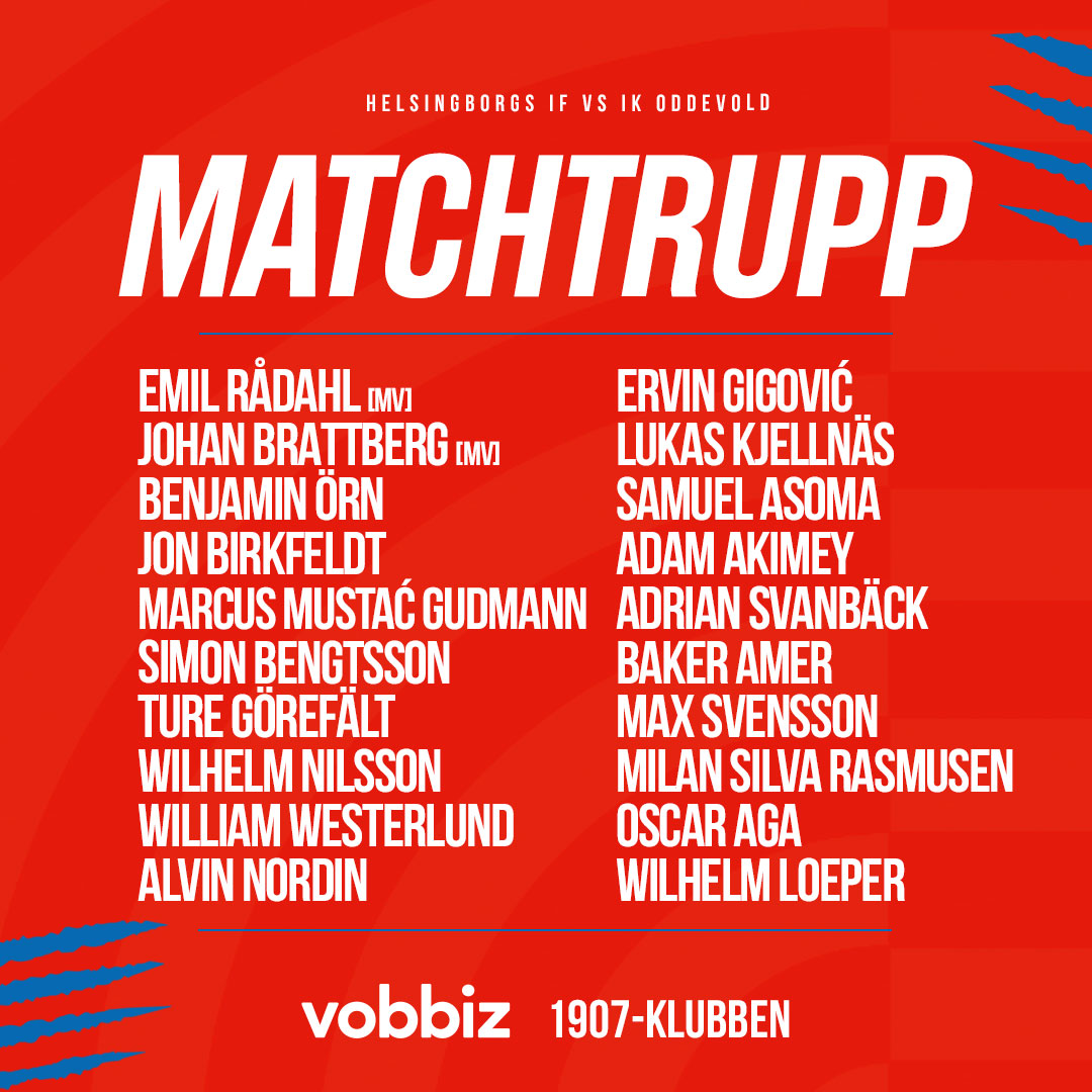 HelsingborgsIF's tweet photo. 📋 | Med härlig känsla från förra veckans hemmaseger går vi in i morgondagens match på Olympia. Här är truppen som tar sig an IK Oddevold!