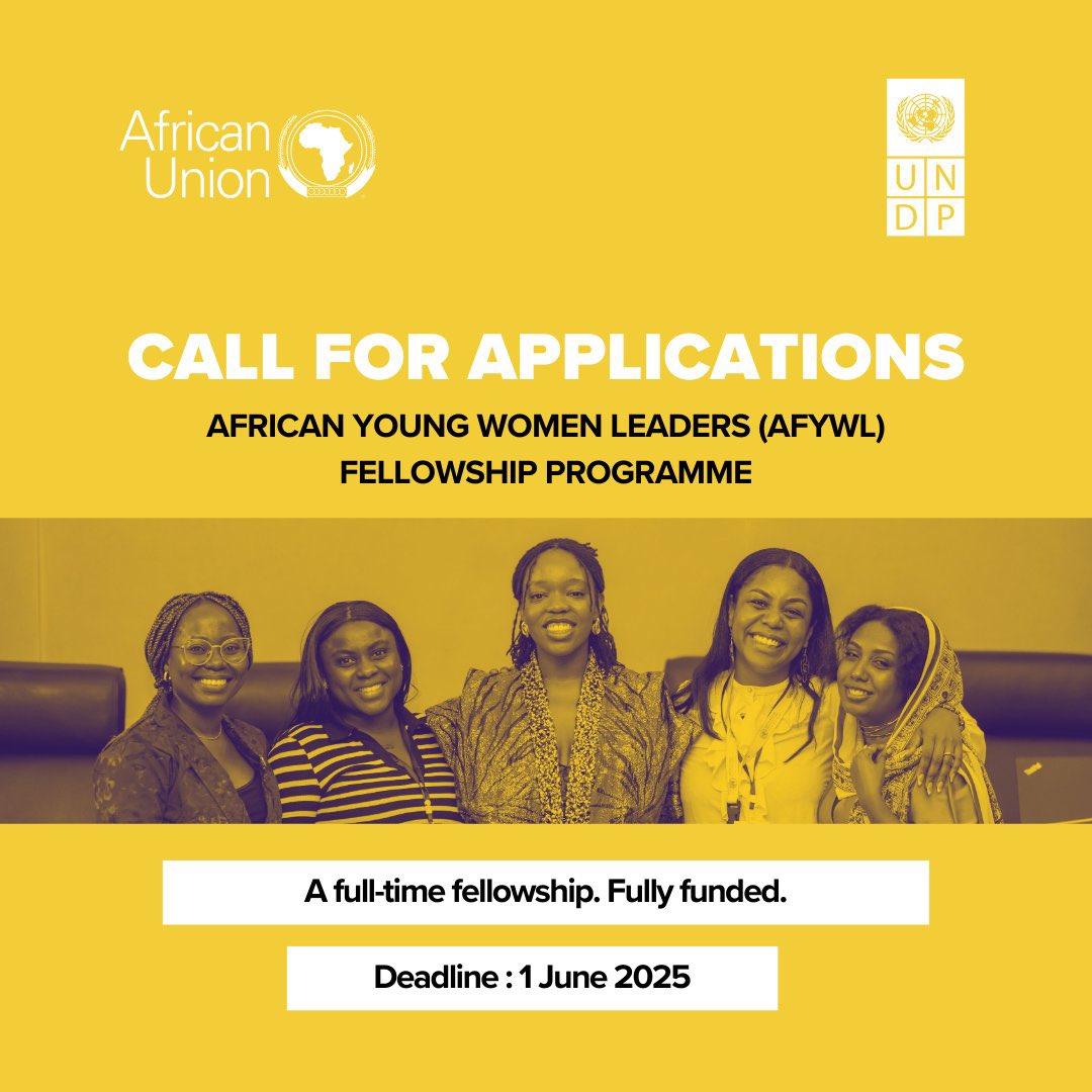 📣 Call for #AfYWL applications.

We invite you to apply to the AUC-UNDP African Young Women Leaders (AfYWL) Fellowship Programme 

This transformative initiative by <a href="/UNDP/">UN Development</a>-<a href="/_AfricanUnion/">African Union</a> strives to empower young African women to become influential leaders, driving positive change