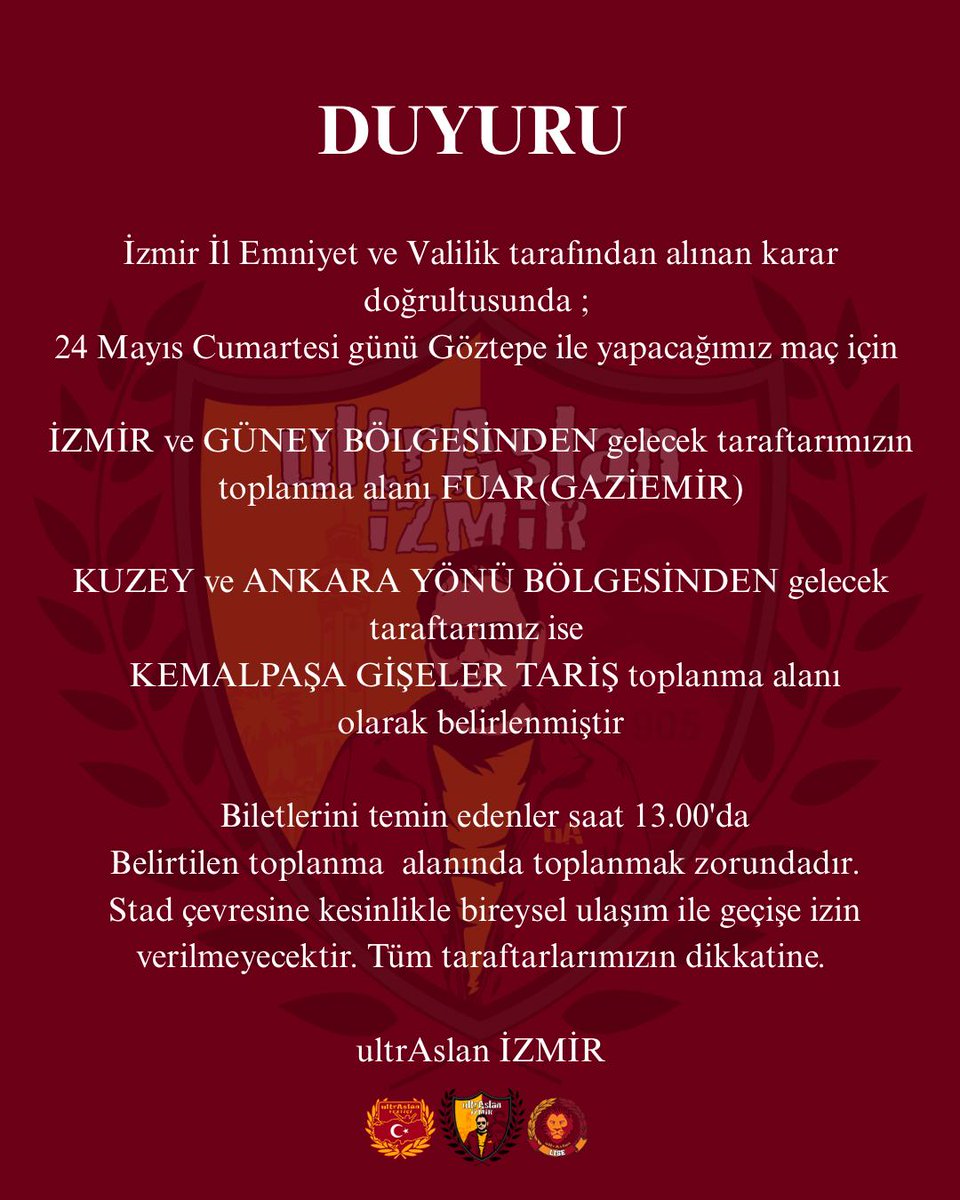 ultrAslan35's tweet photo. DUYURU !

Göztepe maçına gelecek olan taraftarlarımızın dikkatine.

#ultrAslanİZMİR 
#ultrAslanİZMİRLİSE 
#uAYurtiçi 
#uAUNİ https://t.co/EkFafIwStK