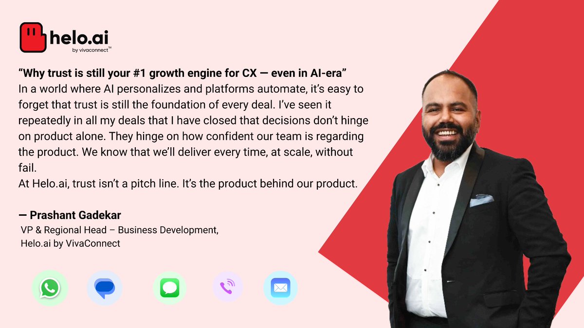 sayheloai's tweet photo. AI can scale interactions. Data can personalize them.
But trust is what makes customers stay.

As Prashant Gadekar, our VP & Regional Head of Business Development, puts it:
“Deals don’t close on product alone — they close on belief.”

#HeloAI #EnterpriseSales #SmartMessaging #CustomerExperience #CPaaS #BusinessGrowth #DigitalCX #B2BLeadership #FoundersDesk #LeadershipQuotes #sayheloai #dofastfailfastwinfast