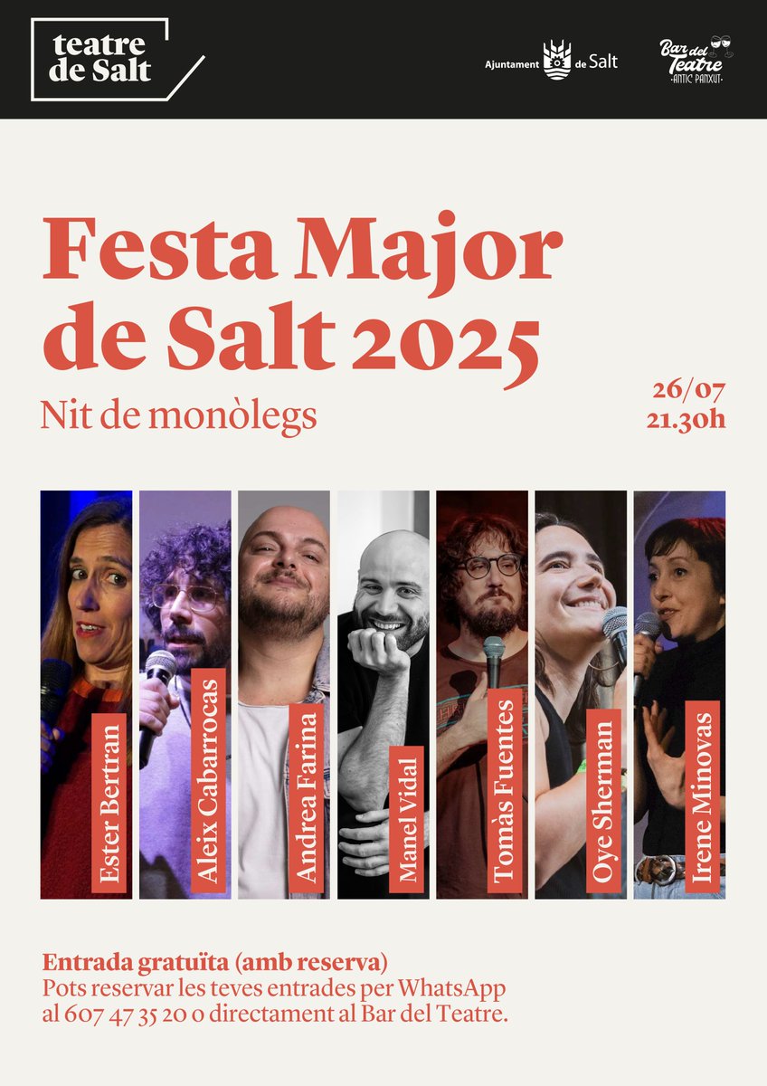 Teatre de Salt (@teatredesalt) on Twitter photo Ja podeu reservar la vostra entrada (gratuïta) per a la nit de monòlegs que celebrarem al teatre amb motiu de la Festa Major de Salt. Sis humoristes i presentat per <a href="/massanagranaire/">Manel Vidal Boix</a>. No us ho perdeu! Ja podeu reservar la vostra entrada (gratuïta) per a la nit de monòlegs que celebrarem al teatre amb motiu de la Festa Major de Salt. Sis humoristes i presentat per <a href="/massanagranaire/">Manel Vidal Boix</a>. No us ho perdeu!
