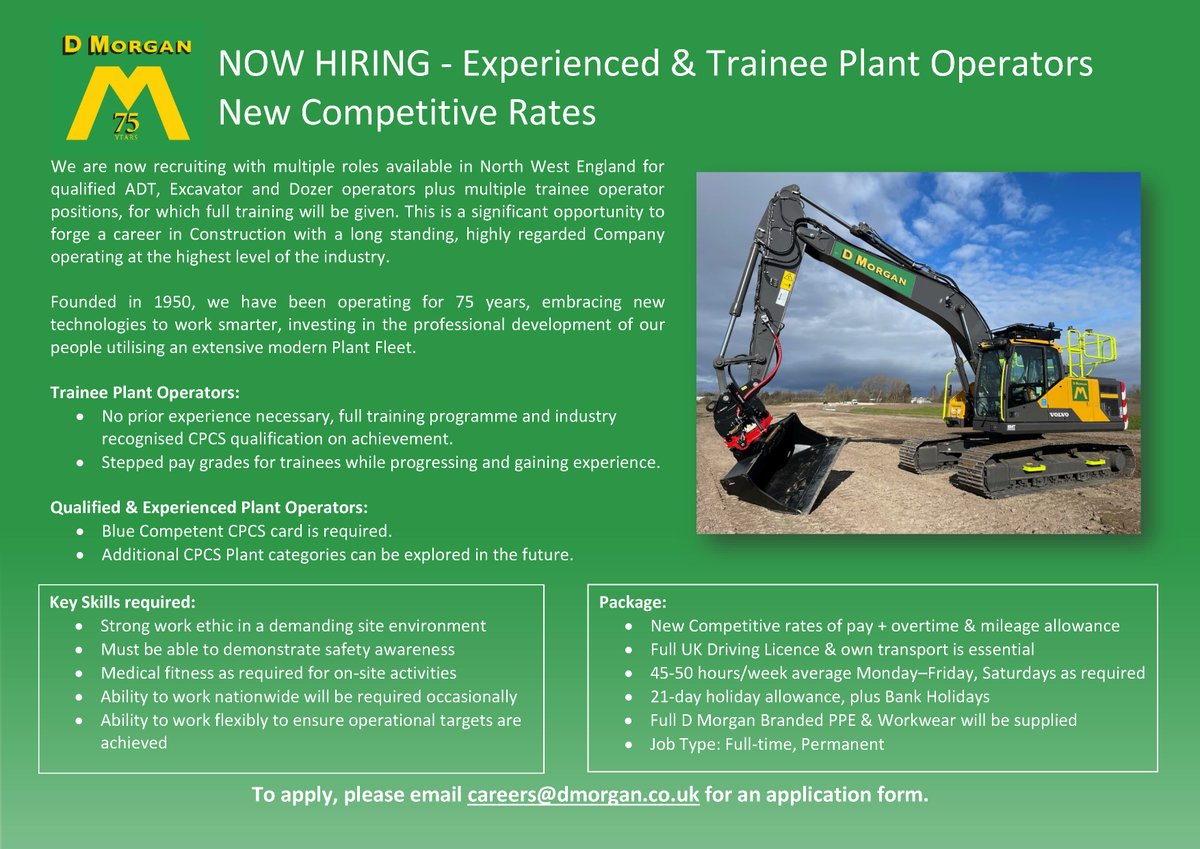 dmorganplc's tweet photo. 〽️NOW HIRING📣
NEW COMPETITIVE RATES
Experienced & Trainee Plant Operators
To apply, please email careers@dmorgan.co.uk for an application form.
#plantoperator #training #CPCS #planthire #civilengineering #earthworks https://t.co/1lcn21owdH
