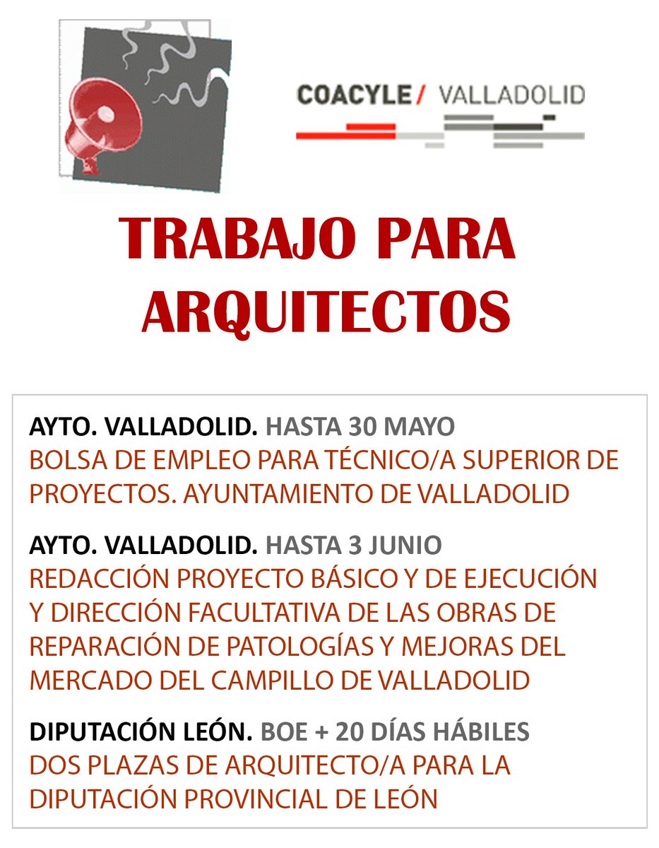 #DeProfesiónArquitecto

Hoy os dejamos una nueva relación de ofertas de empleo para #arquitectos que seguro que os interesan.

Detalles en los siguientes enlaces:
🔸 f.mtr.cool/cvuhvjzrbp
🔸 f.mtr.cool/ydmjtxtptz

<a href="/coacyle/">COACYLE</a> <a href="/adipa_cyl/">ADIPA_CyL</a> <a href="/ArqVA/">ArquitecturaVA</a>