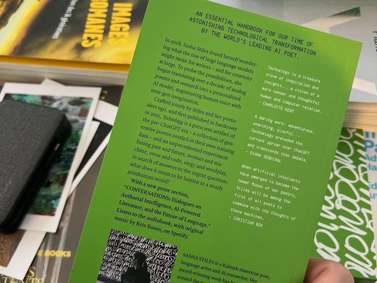 sashastiles's tweet image. It’s great to see the new UK paperback edition of my 2021 poetry-art book #Technelegy in the @jeudepaume bookshop — and in fine company! 💚