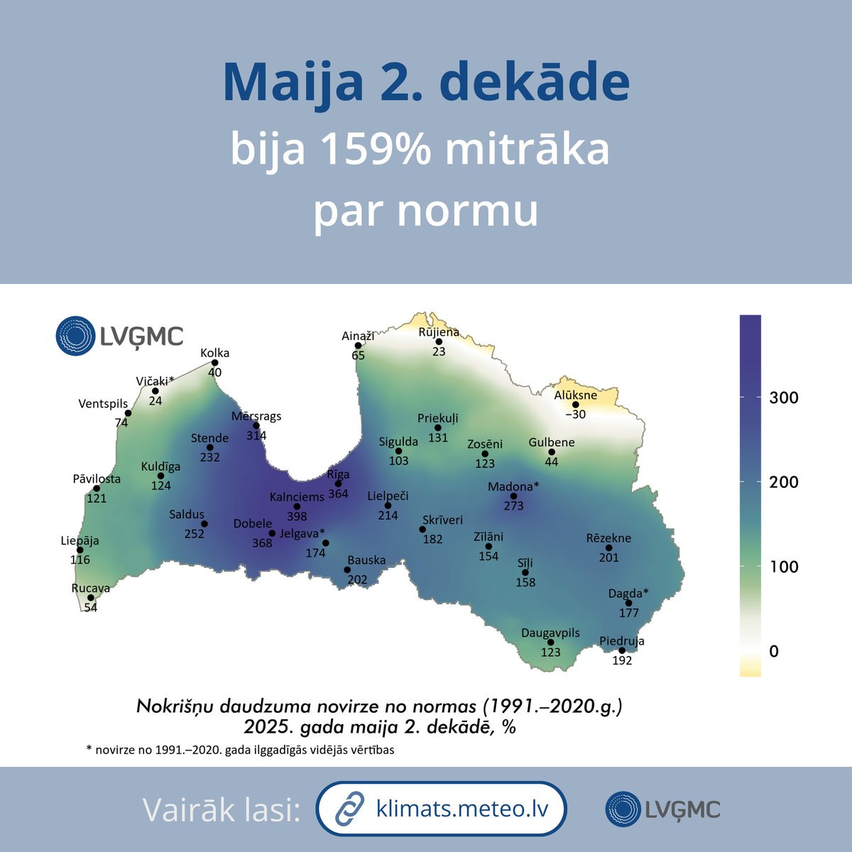 LVGMC_Meteo's tweet image. ❄️ Maija vidū vēsuma periods turpinājās, sasniegti min. gaisa temp. rekordi un Rucavā reģistrēts aukstuma vilnis.

🌧️ Mēneša vidū teju visā valstī novēroti stipri nokrišņi, maija 2. dekāde bija 159% mitrāka par normu.

Plašāk: klimats.meteo.lv/operativais_kl…
#klimats #pavasaris