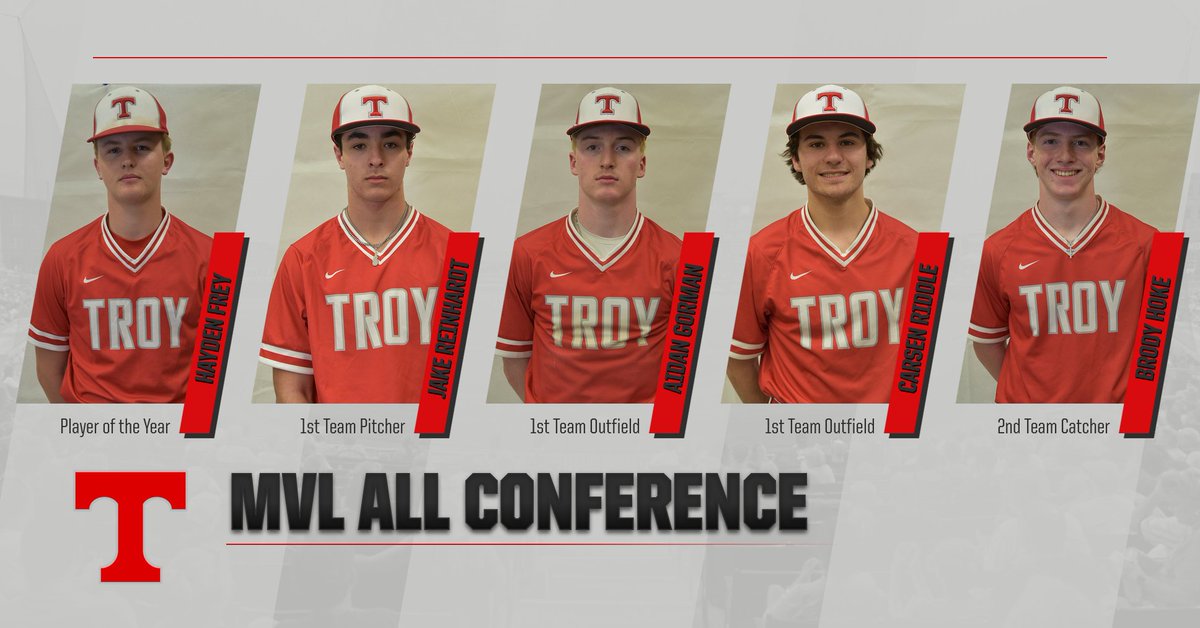 Congratulations to our MVL All Conference players:!

Hayden Frey - 🏆Player of the Year🏆 1st Team Infield
Jake Reinhardt - 1st Team Pitcher
Aidan Gorman - 1st Team Outfield
Carsen Riddle - 1st Team Outfield
Brody Hoke - 2nd Team Catcher