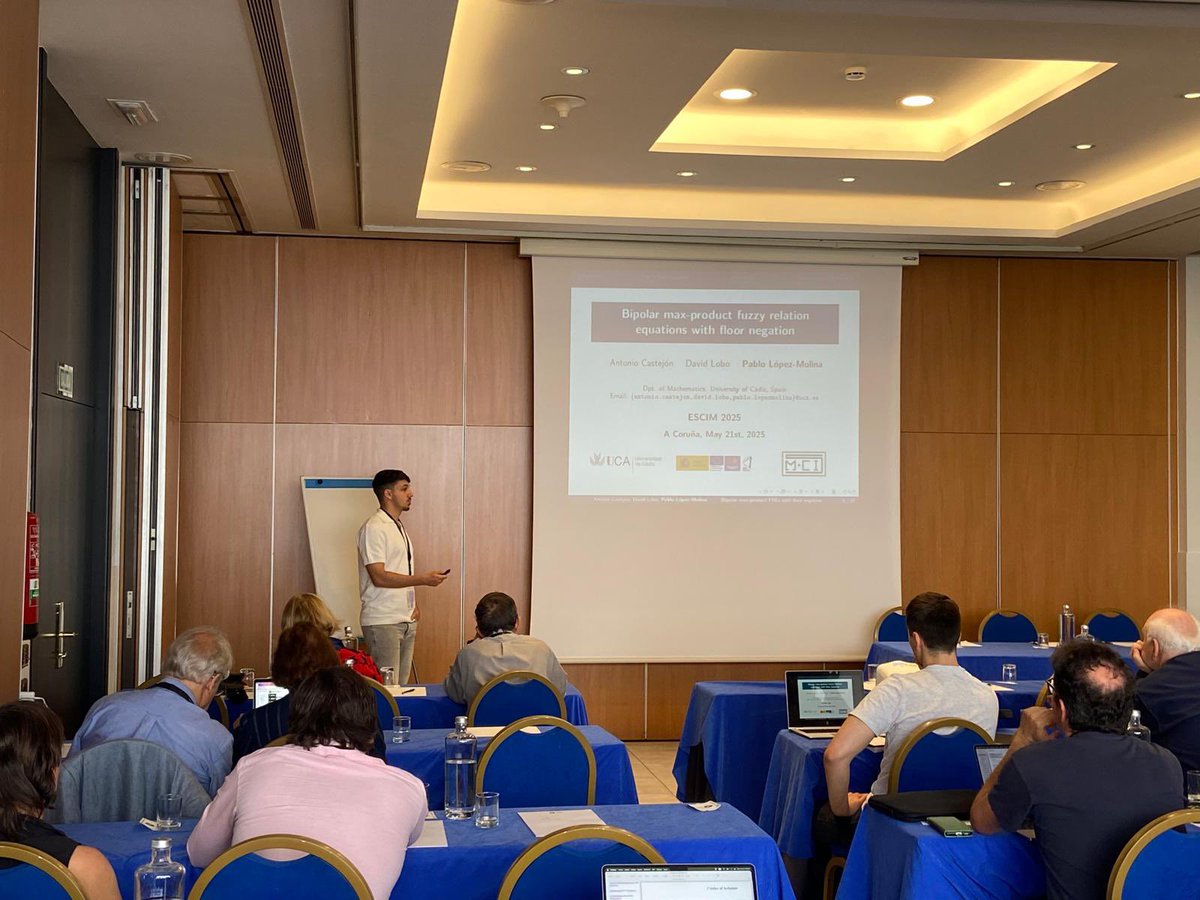 ESCIMconference's tweet photo. Also in the special session "Recent Trends in Knowledge Representation and Modelling" at #ESCIM2025: Pablo López-Molina from @univcadiz presents "Bipolar Max-Product Fuzzy Relation Equations with Floor Negation." Fascinating advances in #FuzzyLogic and #KnowledgeRepresentation https://t.co/b4ycpb8hea