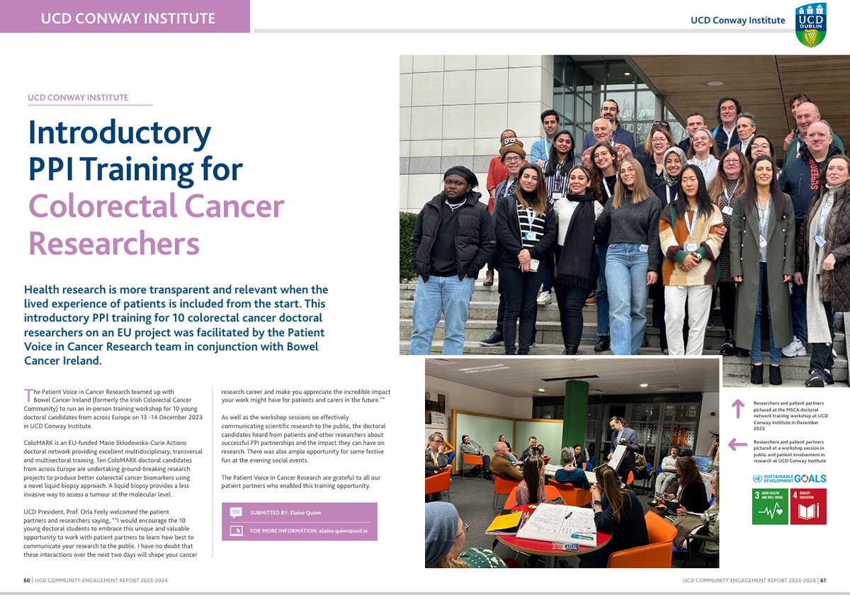 UCD Conway Institute (@ucd_conway) on Twitter photo Health research is stronger with lived experience. 🎓 10 ColoMARK PhD students got intro PPI training from <a href="/UCD_Research/">UCD Research</a> + Bowel Cancer Ireland.
👏 Thanks to UCD in the Community for featuring this in the 2023/24 report!
#PPI #CancerResearch #UCDCommunity Health research is stronger with lived experience. 🎓 10 ColoMARK PhD students got intro PPI training from <a href="/UCD_Research/">UCD Research</a> + Bowel Cancer Ireland.
👏 Thanks to UCD in the Community for featuring this in the 2023/24 report!
#PPI #CancerResearch #UCDCommunity