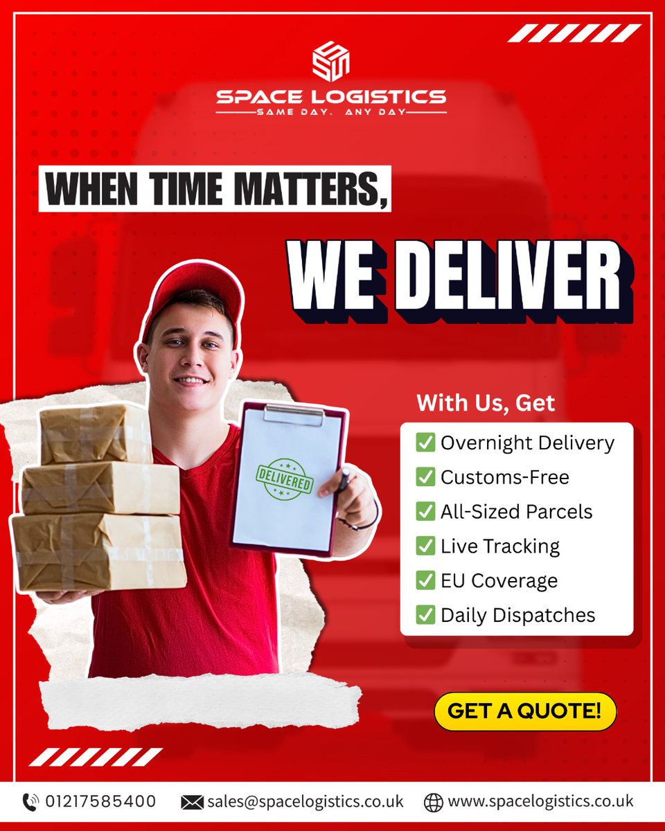 When time matters, Space Logistics delivers—fast. From parcels of all sizes to overnight freight, we offer daily deliveries with live tracking, customs clearance, and full EU coverage.

👉 Call to book on 📲 01217585400
