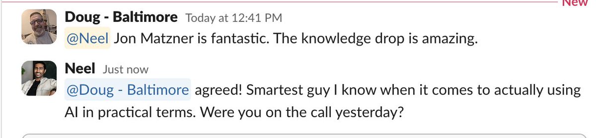 Neel Parekh (@neelbparekh) on Twitter photo At the risk of making his head even bigger, <a href="/MatznerJon/">Jon Matzner</a> is a walking knowledge bomb when it comes to practical use of AI in business.
Some of my franchisees were on the Sagan AI call yesterday and shared the below.
@ Jon - chill, don't frame this, be cool. At the risk of making his head even bigger, <a href="/MatznerJon/">Jon Matzner</a> is a walking knowledge bomb when it comes to practical use of AI in business.
Some of my franchisees were on the Sagan AI call yesterday and shared the below.
@ Jon - chill, don't frame this, be cool.
