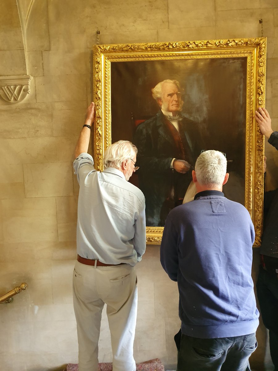 We've been rehanging a portrait today! 
Sir George B Bruce was off having his frame repaired at Trumpington Gallery, and now he's looking renewed and refreshed and we're pleased to welcome him home again.