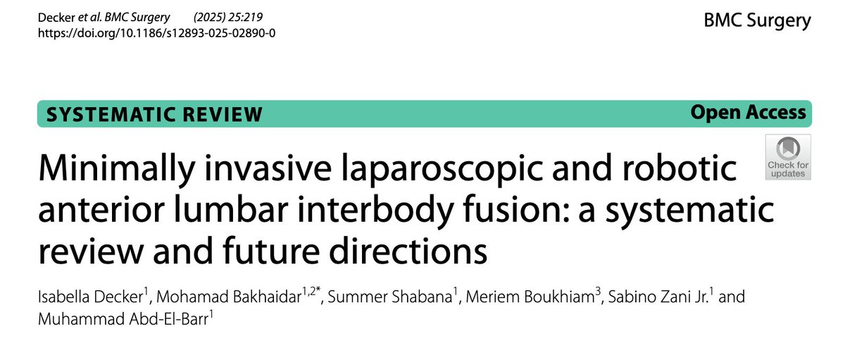 Muhammad Abd-El-Barr MD PhD FAANS (@abdelbarrspine) on Twitter photo New pub:
rdcu.be/emUKX
Minimally invasive laparoscopic and robotic
anterior lumbar interbody fusion.
In quest to minimize the ‘surgical footprint’, these techniques may help.
<a href="/DukeMedSchool/">Duke University School of Medicine</a> Isa Decker
<a href="/MBakhaidar/">Mohamad Bakhaidar</a> , Summer Shabana, Meriem Boukhiam, Sabino Zani New pub:
rdcu.be/emUKX
Minimally invasive laparoscopic and robotic
anterior lumbar interbody fusion.
In quest to minimize the ‘surgical footprint’, these techniques may help.
<a href="/DukeMedSchool/">Duke University School of Medicine</a> Isa Decker
<a href="/MBakhaidar/">Mohamad Bakhaidar</a> , Summer Shabana, Meriem Boukhiam, Sabino Zani