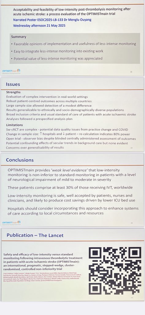 #ESOC2025 
Sesión RCT Quick Take
Va 🧵

1.- #OPTIMISTMAIN: protocolo baja intensidad monitoreo post rtpa (NIhSs&lt;10) no inferior a standard

thelancet.com/journals/lance…