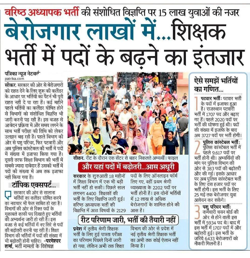 Radhemahwa's tweet photo. स्कूल व्याख्याता, वरिष्ठ अध्यापक,शिक्षक भर्ती के 20 लाख से अधिक अभ्यर्थी होंगे और तीनों भर्तियों में पदों की संख्या 15 हजार से भी कम है।

ऐसे में यह बेरोजगारों के लिए बहुत ज्यादा दुखदाई है, पदों की संख्या बढ़ावाने की मांग को लेकर प्रयास जारी हैं। https://t.co/T1gBqGqEMw