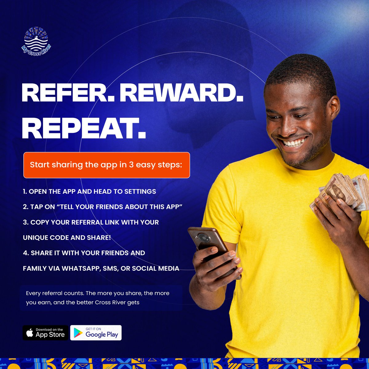 mycrossriverapp's tweet photo. Invite your friends and family to the My Cross River App. Each referral brings you closer to exciting rewards plus you are helping make Cross River smarter and connected
Start sharing today
#mycrossriverapp #referral #calabar #crossriverstate #digitalsolutions #digitalcrossriver https://t.co/bd9cofbf3O