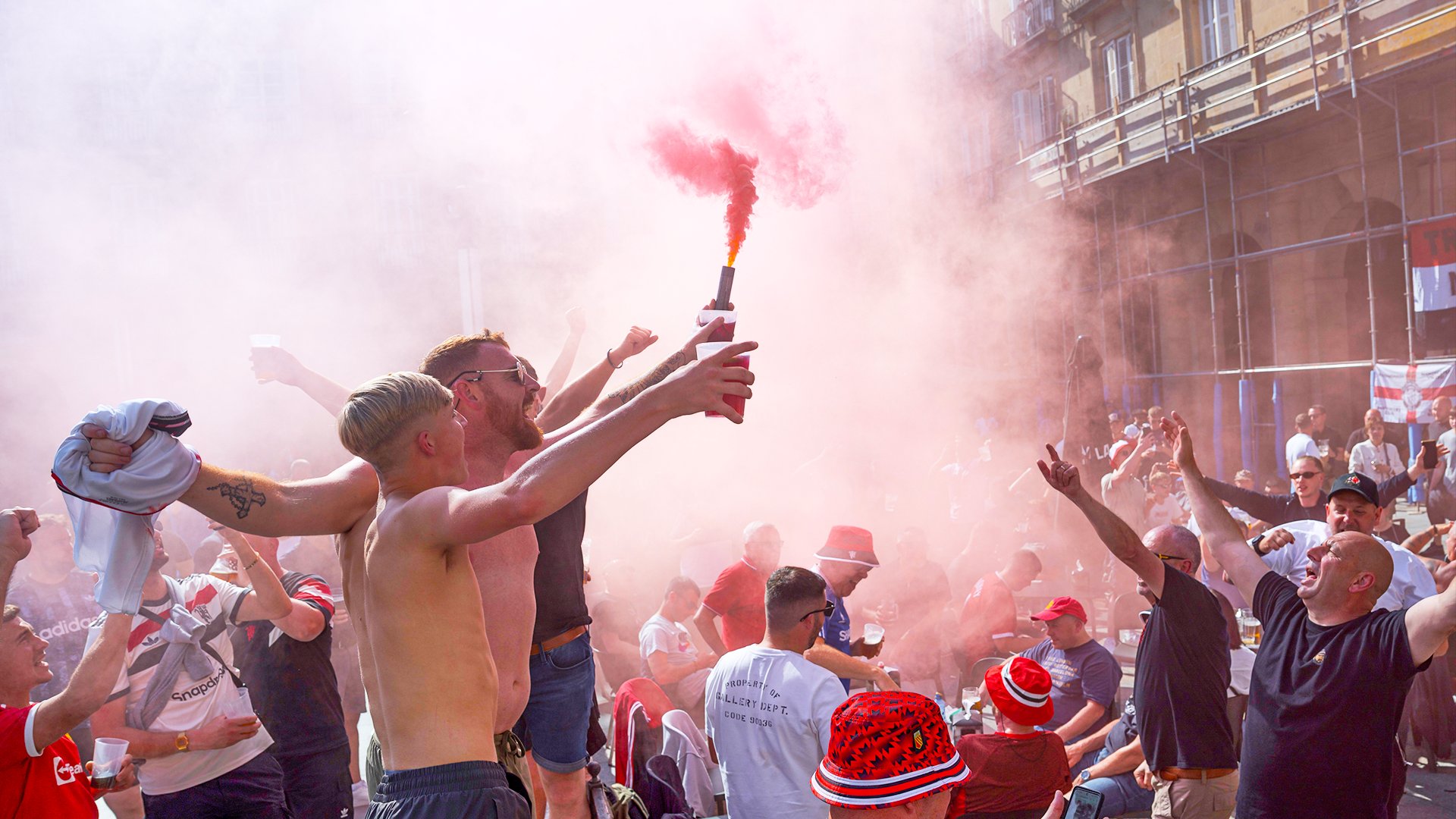 United fans chant songs in Bilbao.