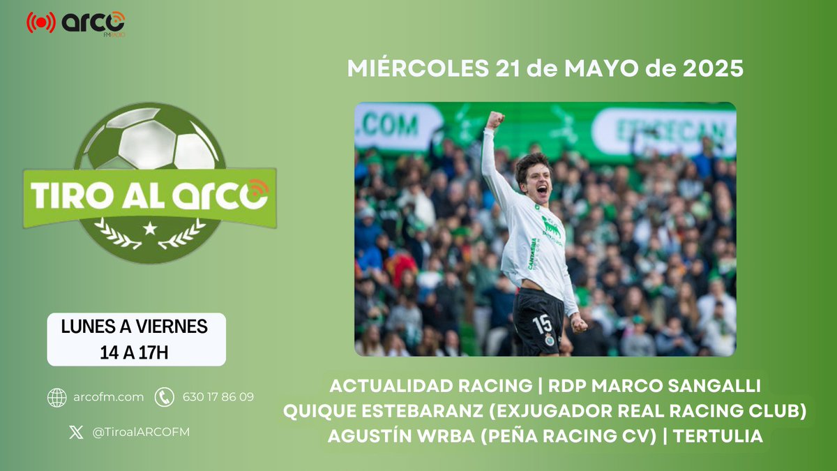 Hoy, desde las 14:00, en <a href="/ArcoFMCantabria/">ARCO FM Cantabria</a>:

👉🏼Entrenamiento del <a href="/realracingclub/">Real Racing Club</a> en las Instalaciones Nando Yosu
👉🏼Declaraciones de Marco Sangalli en sala de prensa
👉🏼<a href="/agustinwrba18/">agustin wrba</a>, presidente de <a href="/racinguistascv_/">Peña Racinguista CV</a>
👉🏼Hablamos con Quique Estebaranz, representante de <a href="/JoseAlbertoLpez/">Jose Alberto López</a>