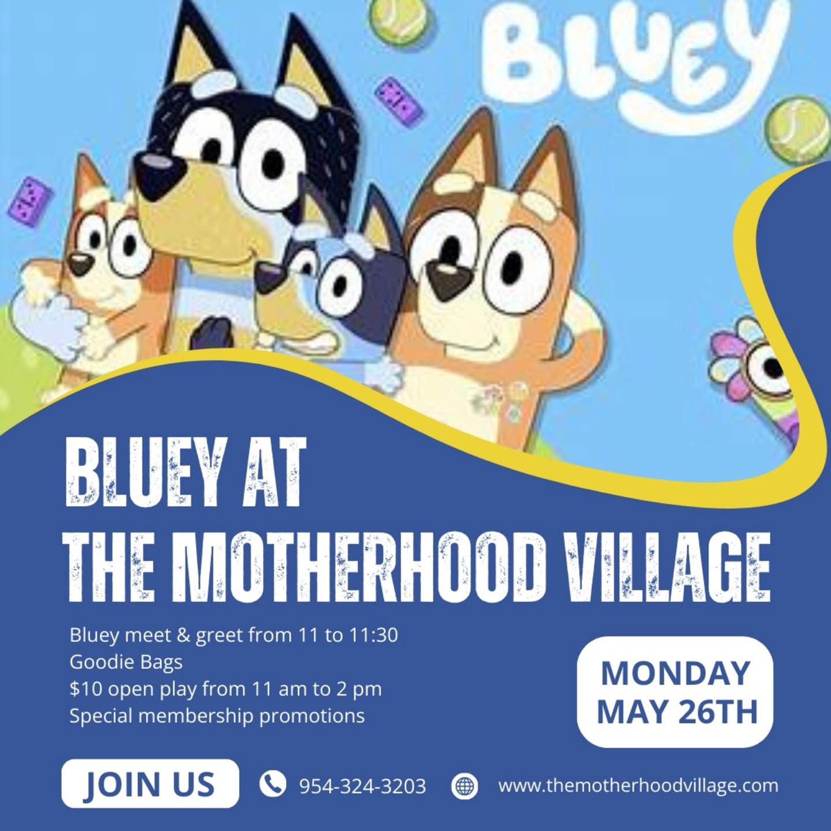 Bluey is coming to The Motherhood Village! 🐾 Enjoy a special Memorial Day Meet &amp; Greet with our favorite pup!

Mon, 5/26 11a-2p
Bluey from 11 - 11:30a
$10 Open Play Pass from 11am-2pm! (Free for members)
Special Membership Deals, 5/26 only

📍 2902 N University Dr at The Walk