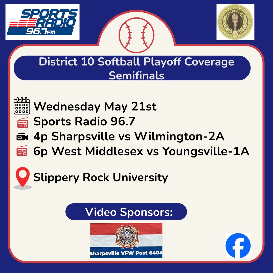 Bob Greenburg (@bobgreenburg) on Twitter photo 🚨TODAYS DISTRICT 10 BROADCAST SCHEDULE!
Thanks to our video sponsor the Sharpsville VFW!
<a href="/SharpsvilleSB/">Sharpsville Softball</a> <a href="/SHSCoverage/">Sharpsville Athletics</a> <a href="/WMASD_Athletics/">Big Reds Athletics</a> <a href="/WAHSSball/">Wilmington Area Varsity Softball</a> 🚨TODAYS DISTRICT 10 BROADCAST SCHEDULE!
Thanks to our video sponsor the Sharpsville VFW!
<a href="/SharpsvilleSB/">Sharpsville Softball</a> <a href="/SHSCoverage/">Sharpsville Athletics</a> <a href="/WMASD_Athletics/">Big Reds Athletics</a> <a href="/WAHSSball/">Wilmington Area Varsity Softball</a>