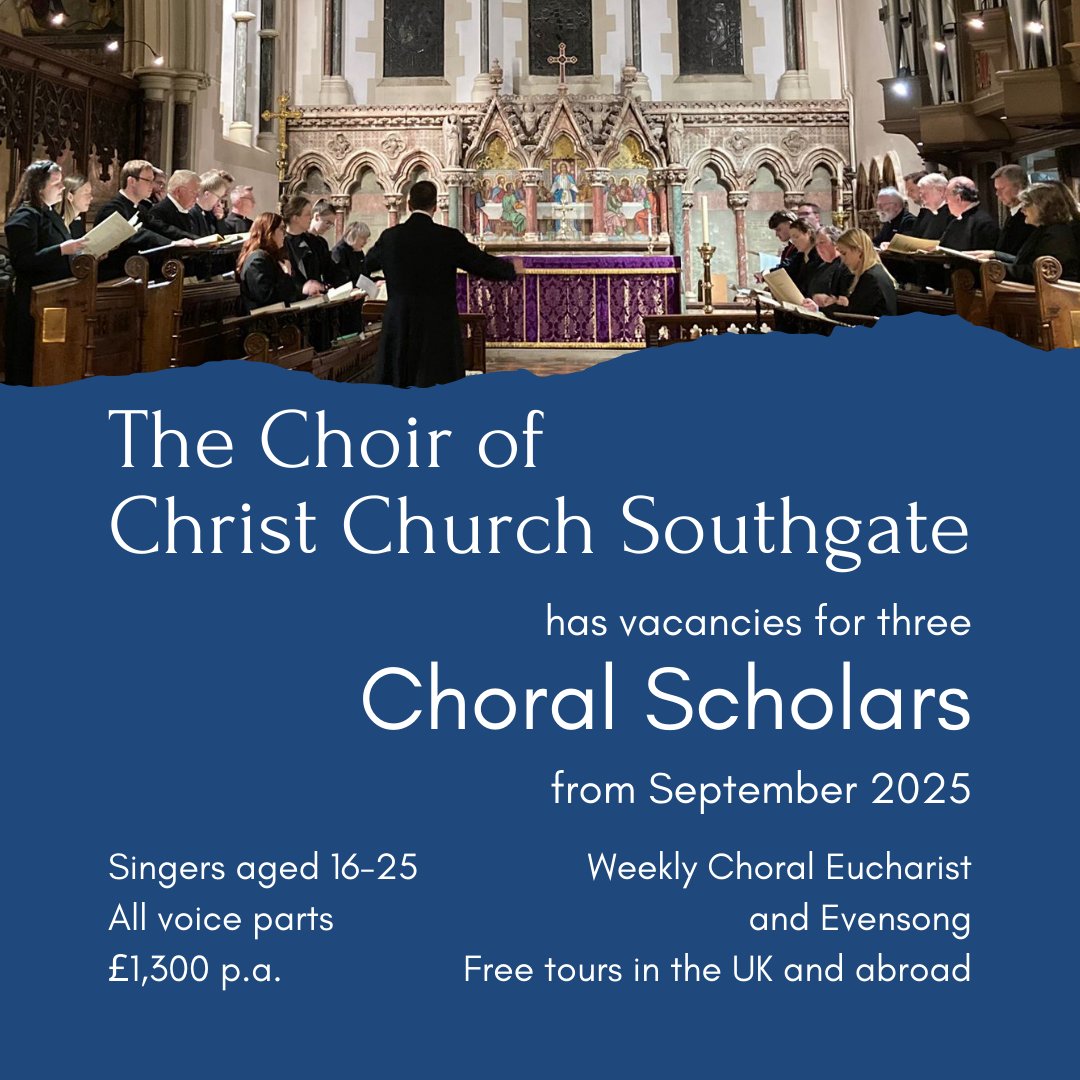 SouthgateChoir's tweet photo. The Choir of Christ Church Southgate is looking for 3 young singers to join its Adult Choir as Choral Scholars.

For more information, or to arrange an audition, please email the Director of Music, William Waine, at music@christchurch-southgate.org https://t.co/qmtoVFBV4Y