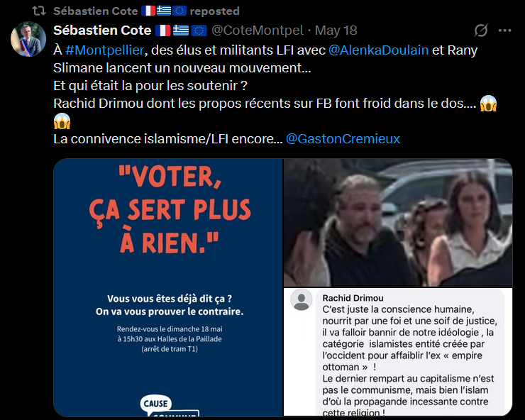 Le 18 mai, nous lancions notre mouvement unissant les habitants de Montpellier pour rompre avec 50 ans de PS à #Montpellier.
Qualifier d'islamiste un simple citoyen qui s'est exprimé lors de ce lancement est une dérive islamophobe indigne d'un représentant de la République.