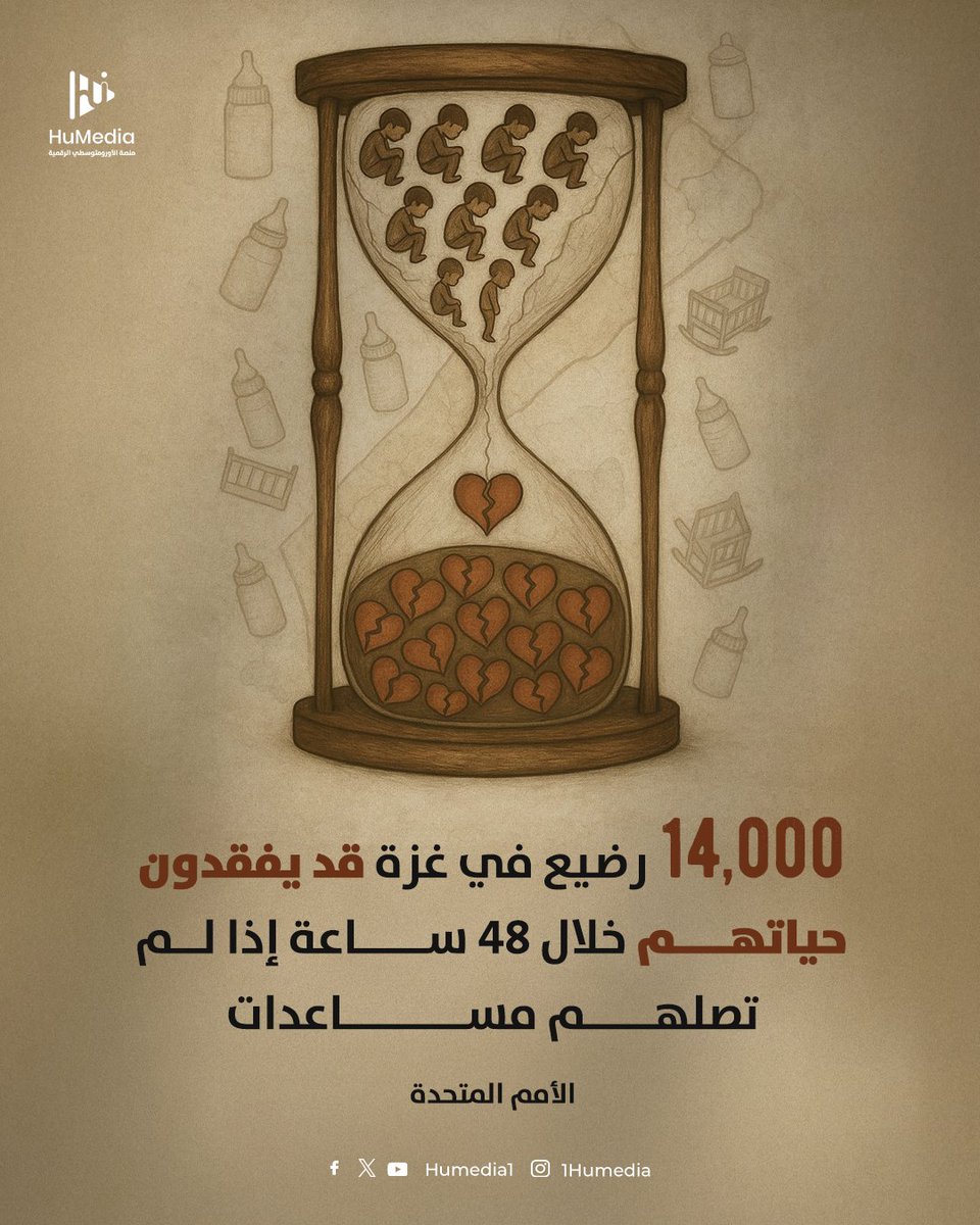 14 ألف رضيع في #غزة قد يفقدون حياتهم خلال 48 ساعة في حال لم تصلهم مساعدات طارئة بسبب حرب الإبادة الجماعية التي تشنها #إسرائيل على القطاع، ومنع المساعدات الإنسانية والمواد الغذائية من الدخول لأكثر من شهرين متتاليين