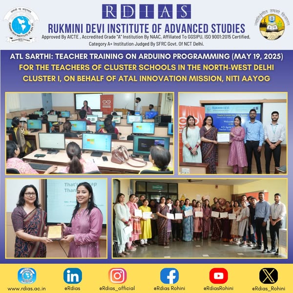 RDIAS_ROHINI's tweet photo. RDIAS proudly hosted the #ATLSarthi Teacher Training on Arduino Programming on May 19, empowering educators from North-West Delhi to lead innovation in their schools! A step forward in strengthening the #AtalTinkeringLabs ecosystem. 
#RDIAS #GGSIPU #ArduinoTraining https://t.co/Rosbb6BX9s