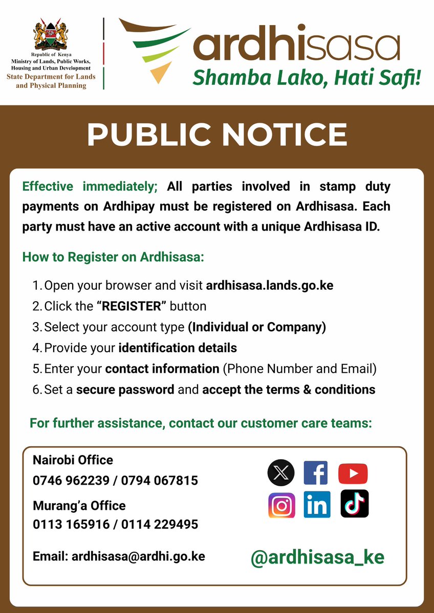 ArdhiSasa_Ke's tweet photo. 📢Public Notice: Effective immediately, all parties involved in stamp duty payments on Ardhipay must be registered on Ardhisasa.
✅Here is a tutorial on how to register on Ardhisasa https://t.co/BzzUMrAV1w
#Ardhisasa #stampdutypayment #landdigitization #shambalakohatisafi https://t.co/FfkWTg9vD4