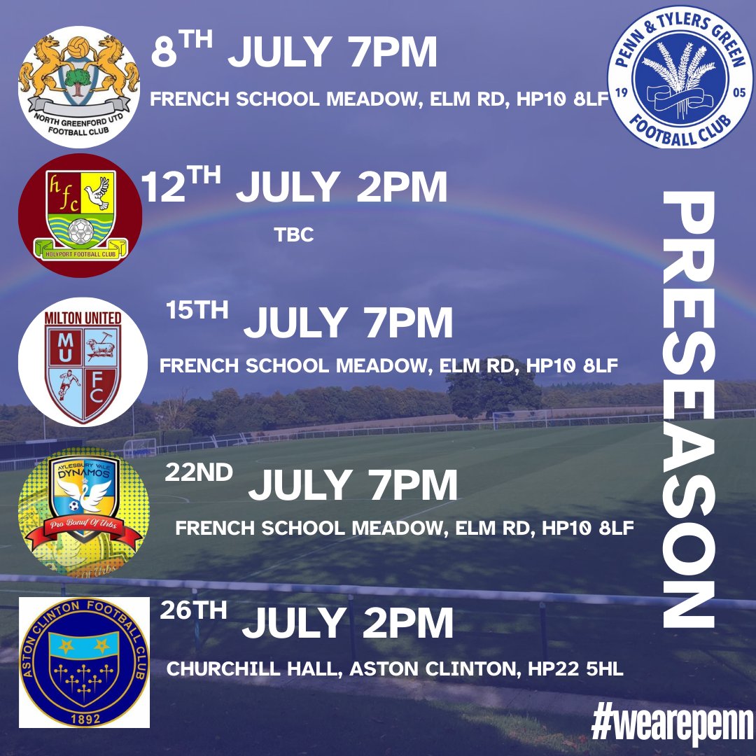 Penn & Tylers Green FC (@penn_football) on Twitter photo 🚨PRESEASON FIXTURES🚨
<a href="/NGUfootballclub/">NGU 💙🤍</a> , <a href="/HolyportFC/">Holyport FC | Est 1897</a> , <a href="/MiltonUnited/">Milton United FC</a> ,<a href="/ValeDynamos/">Aylesbury Vale Dynamos FC</a> ,<a href="/AstonClintonFC/">Aston Clinton FC</a> 🚨PRESEASON FIXTURES🚨
<a href="/NGUfootballclub/">NGU 💙🤍</a> , <a href="/HolyportFC/">Holyport FC | Est 1897</a> , <a href="/MiltonUnited/">Milton United FC</a> ,<a href="/ValeDynamos/">Aylesbury Vale Dynamos FC</a> ,<a href="/AstonClintonFC/">Aston Clinton FC</a>