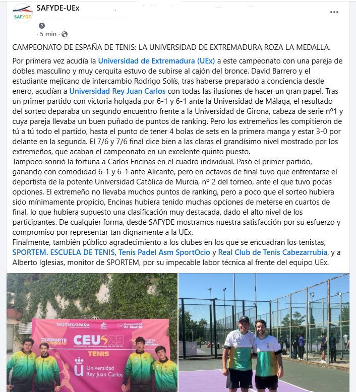 safydeuex's tweet image. La @infouex cerca d podium en @ceusmadrid2025 d tenis, organizado ejemplarmente por @urjc 
Reseña completa y fotos en nuestros perfiles @safydeuex d @instagram y @facebook
Desde aquí nuestra agradecimineto a @FJyD y @jovendeportEXT por el apoyo al deporte universitario extremeño