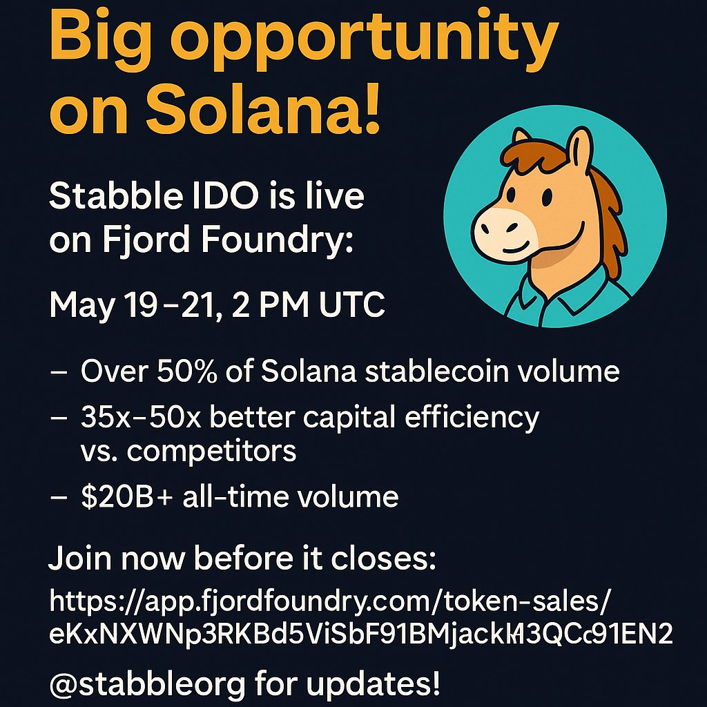 Arachuuu11's tweet image. The Stabble IDO is live on Fjord Foundry!
Join from May 19–21 | 2 PM UTC
TGE: May 22 | 2 PM UTC

35–50x better capital efficiency

$20B+ total volume

&amp;gt; 50% of Solana stablecoin volume

Join now:
app.fjordfoundry.com/token-sales/eK…

Follow @stabbleorg
#Stabble #IDO #Solana
