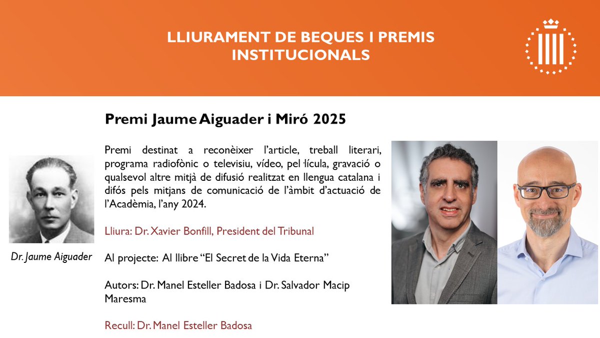 Manel Esteller (@manelesteller) on Twitter photo Molt content i agraït d'haver rebut, amb el company <a href="/macips01/">Salvador Macip</a>, el Premi Jaume Aiguader i Miró de l'Acadèmia de Ciències Mèdiques i de la Salut de #Catalunya i de #Balears pel nostre llibre "El Secret de la Vida Eterna" <a href="/penguinllibres/">Penguin Llibres</a> <a href="/penguinlibros/">Penguin España 🐧📚</a> ! Molt content i agraït d'haver rebut, amb el company <a href="/macips01/">Salvador Macip</a>, el Premi Jaume Aiguader i Miró de l'Acadèmia de Ciències Mèdiques i de la Salut de #Catalunya i de #Balears pel nostre llibre "El Secret de la Vida Eterna" <a href="/penguinllibres/">Penguin Llibres</a> <a href="/penguinlibros/">Penguin España 🐧📚</a> !