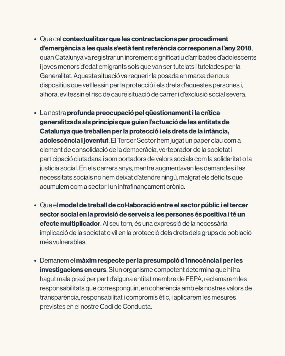 📢COMUNICAT  

Arran de les notícies publicades sobre la gestió de fons públics vinculats a l’acompanyament del jovent tutelat i extutelat. 

🔗 fepa18.org/wp-content/upl…