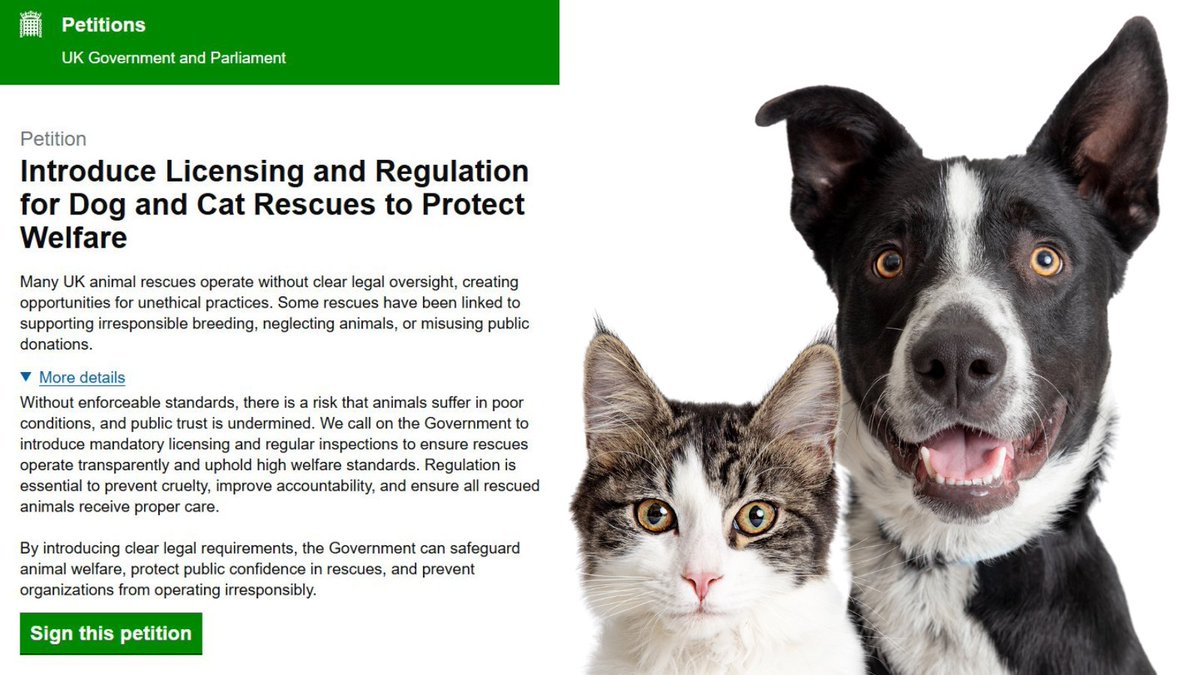 Naturewatch Foundation (@naturewatch_org) on Twitter photo Along with <a href="/RSPCA_official/">RSPCA (England & Wales)</a> & <a href="/marcthevet/">Marc Abraham OBE</a>, we're pleased to support a petition asking for regulation in the rescue & rehoming world, inc. mandatory licensing & regular inspections.๐ถ๐ฑ
Please #SignAndShare - let's help dogs & cats get the care they deserve.
petition.parliament.uk/petitions/7186โฆ Along with <a href="/RSPCA_official/">RSPCA (England & Wales)</a> & <a href="/marcthevet/">Marc Abraham OBE</a>, we're pleased to support a petition asking for regulation in the rescue & rehoming world, inc. mandatory licensing & regular inspections.๐ถ๐ฑ
Please #SignAndShare - let's help dogs & cats get the care they deserve.
petition.parliament.uk/petitions/7186โฆ