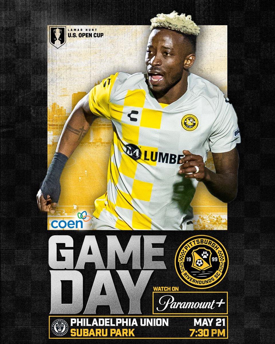 Pittsburgh Riverhounds SC (@riverhoundssc) on Twitter photo Looking for our spot in the quarterfinals. It's @OpenCup game day! 🏆
🆚 @philaunion
⏰ 7:30 pm
📍 Subaru Park
📺 <a href="/paramountplus/">Paramount+</a>
Match presented by @coenmarkets
#PHIvPIT #Grittsburgh #USOC2025 Looking for our spot in the quarterfinals. It's @OpenCup game day! 🏆
🆚 @philaunion
⏰ 7:30 pm
📍 Subaru Park
📺 <a href="/paramountplus/">Paramount+</a>
Match presented by @coenmarkets
#PHIvPIT #Grittsburgh #USOC2025