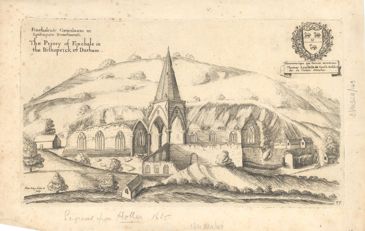 855 years ago today, on 21 May 1170, St Godric of Finchale died, aged around 100. His grave in the church of St John the Baptist was said to be the site of many miracles, Finchale Priory was founded there.

D/Ph 324/149 engraving of Finchale Priory c.1665.

#finchalepriory