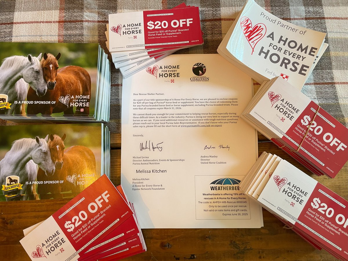 📬 They’re on their way!

Purina feed coupons are hitting the mailboxes of all current @A Home For Every Horse (AHFEH) and @United Horse Coalition (UHC) members!

#HereforHorses #PurinaHorseFeed #FeedGreatness #AHomeForEveryHorse #Absorbine #TractorSupplyCompany #WeatherBeeta