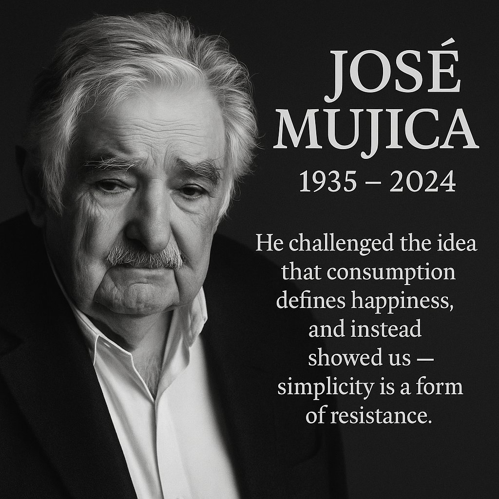 morikei20's tweet image. José Mujica has passed away.

More than a politician,
he was a man who lived the question.
He challenged the idea that consumption defines happiness,
and instead showed us — simplicity is a form of resistance.

#JoséMujica #QuestionOfLife #ZONEproject #PhilosophyOfHappiness…