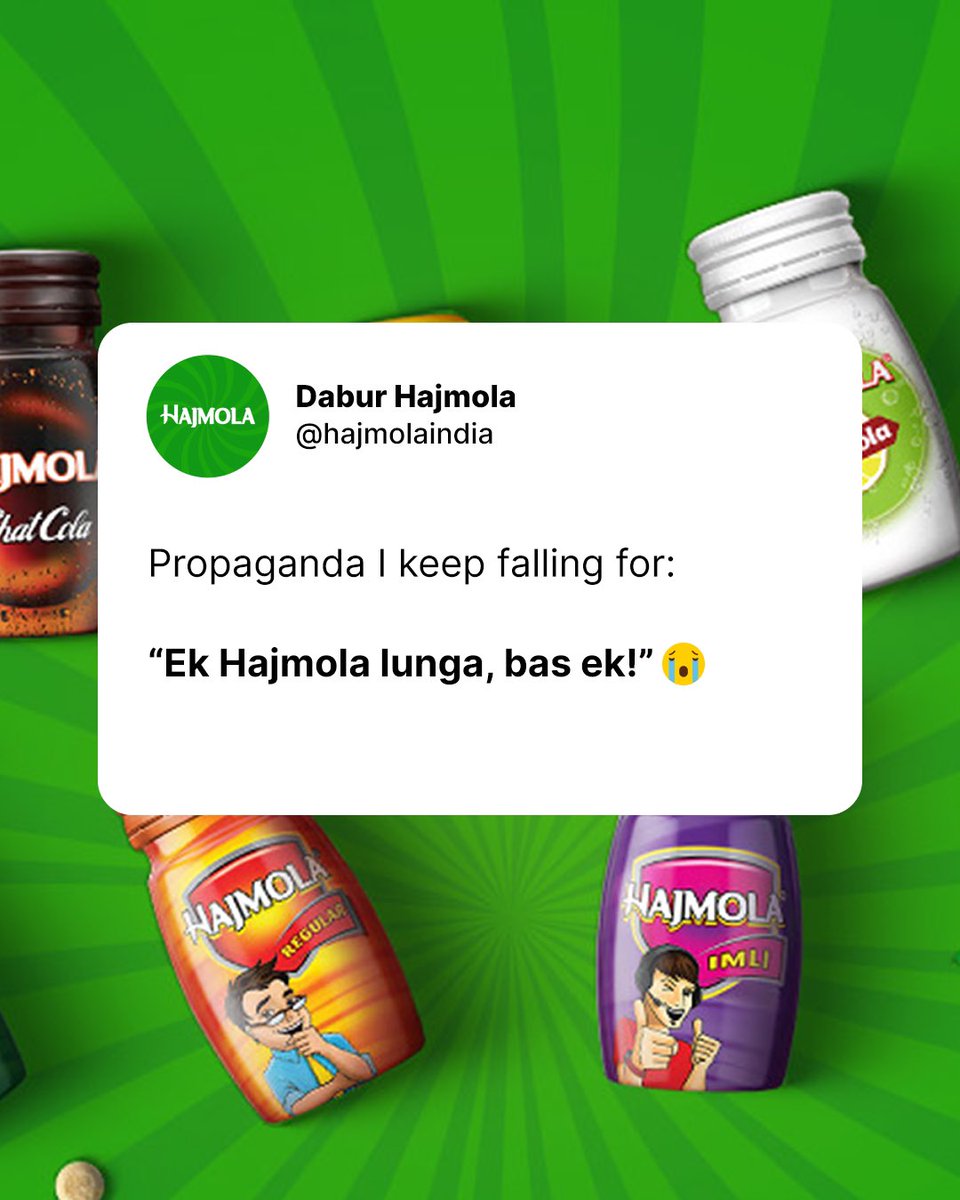 Propaganda itna chatkaredaar, koi bhi ban jaaye iska shikaar!

#Hajmola #Dabur #trending  #propaganda #Ekhajmola 
#Chatkara #Chatpata #DaburHajmola #MrAam #LimCola #ChatCola #Regular #Pudina #Imli #Anardana #Flavours #HajmolaKaChatkara