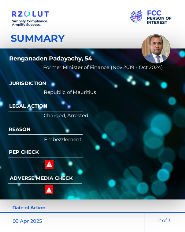 RzolutL's tweet image. On April 9, 2025, Renganaden Padayachy was arrested as part of an investigation into the alleged embezzlement of funds from the Mauritius Investment Corporation. The funds were intended to support companies affected by economic impact of COVID-19 pandemic. 

#pep #adversemedia