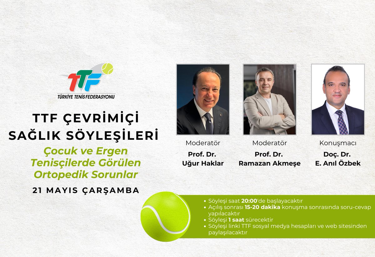 TTF Sağlık Söyleşilerinin altıncısı 21 Mayıs Çarşamba günü gerçekleşecek 🩺🎾

🔸Çocuk ve Ergen Tenisçilerde Görülen Ortopedik Sorunlar
Konuşmacı: Doç.Dr. E. Anıl Özbek
Moderatör: Prof. Dr. Uğur Haklar, Prof. Dr. Ramazan Akmeşe

Söyleşi linki 🔗us06web.zoom.us/j/84875049040?…